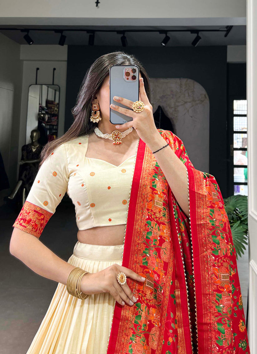 white red tussar silk printed navratri special chaniya choli