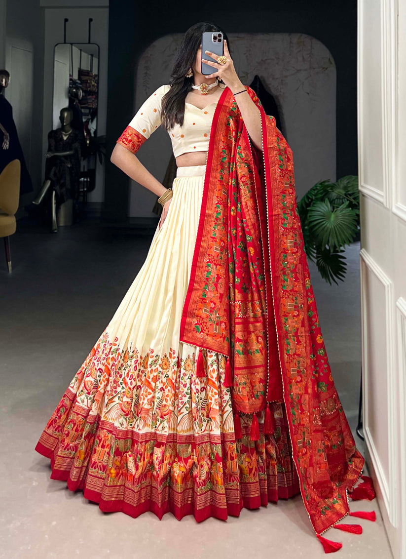 white red tussar silk printed navratri special chaniya choli