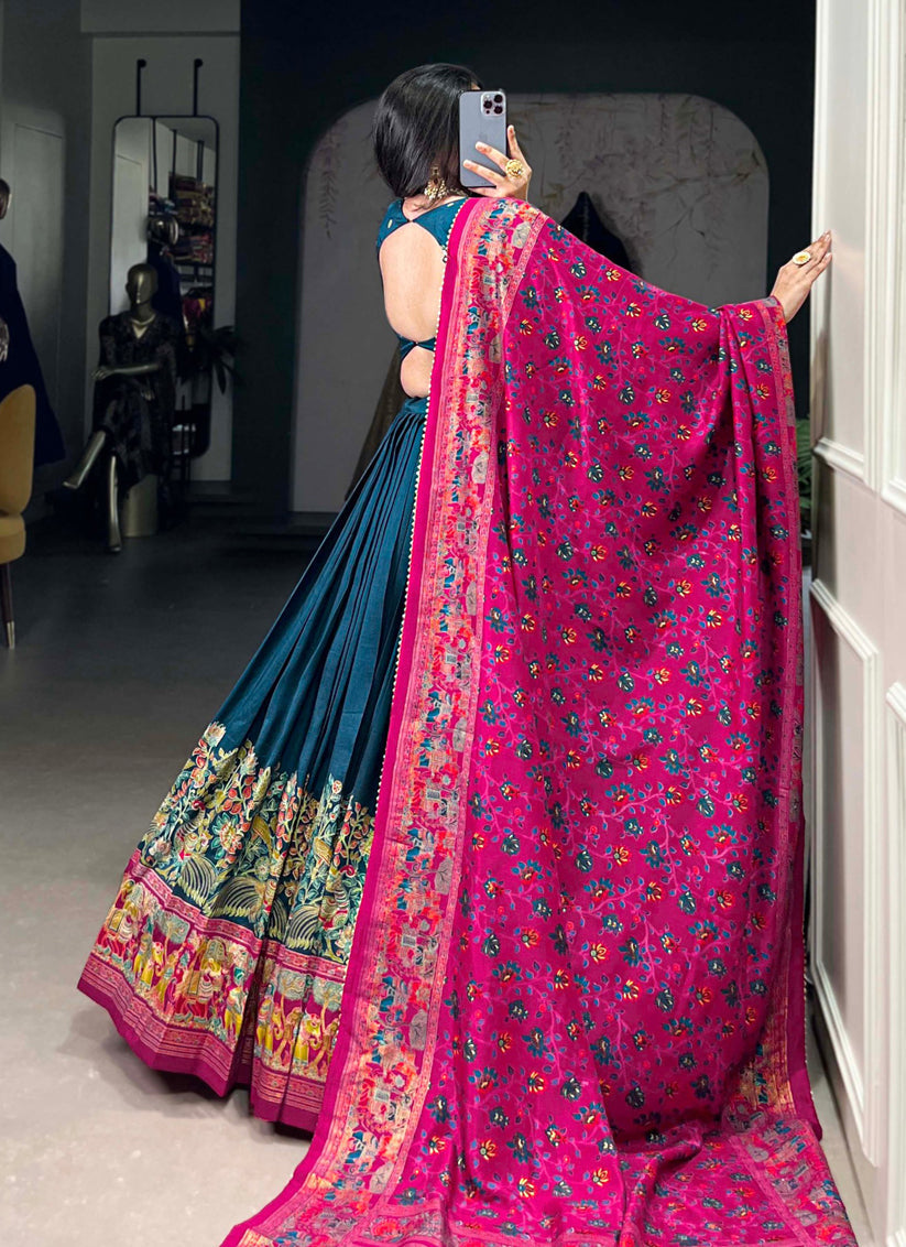 teal blue tussar silk printed navratri special chaniya choli