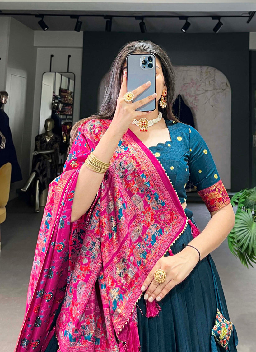 teal blue tussar silk printed navratri special chaniya choli