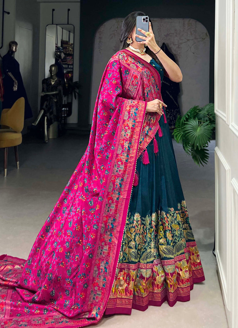 teal blue tussar silk printed navratri special chaniya choli