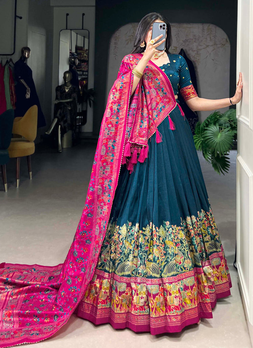 teal blue tussar silk printed navratri special chaniya choli