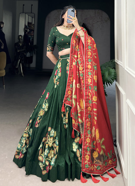 green tussar silk printed navratri special chaniya choli