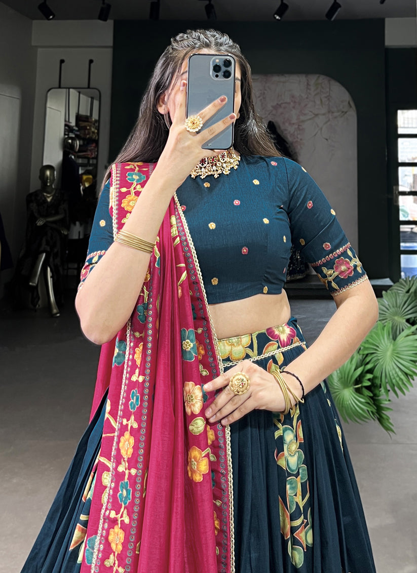 teal blue tussar silk printed navratri special chaniya choli