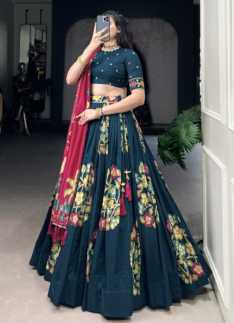 teal blue tussar silk printed navratri special chaniya choli