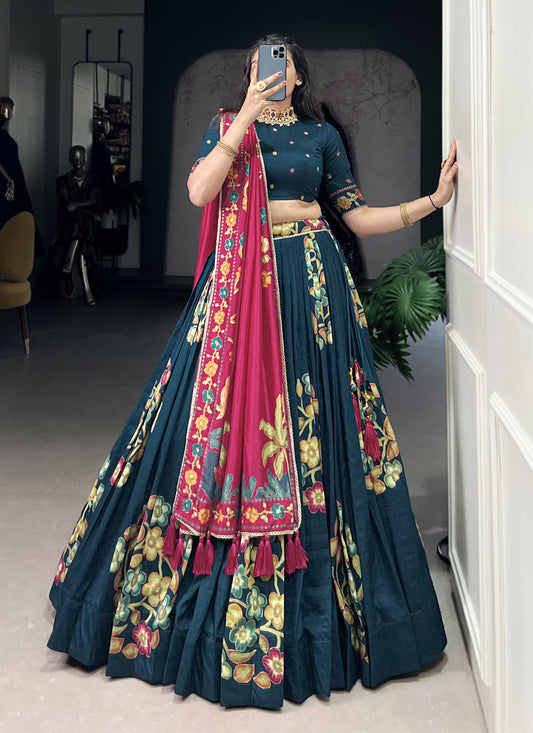 teal blue tussar silk printed navratri special chaniya choli