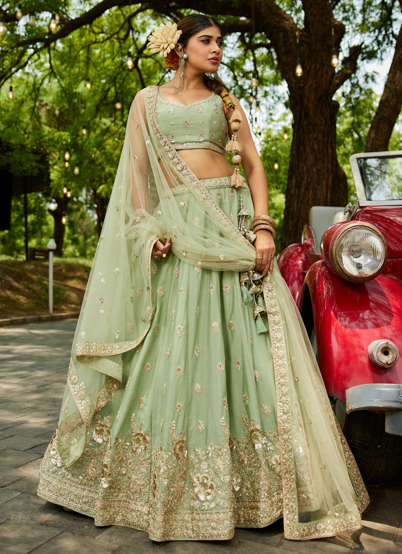 Pistachio Green Faux Chiffon Embroidered Designer Lehenga Choli