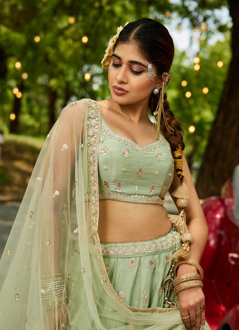 Pistachio Green Faux Chiffon Embroidered Designer Lehenga Choli