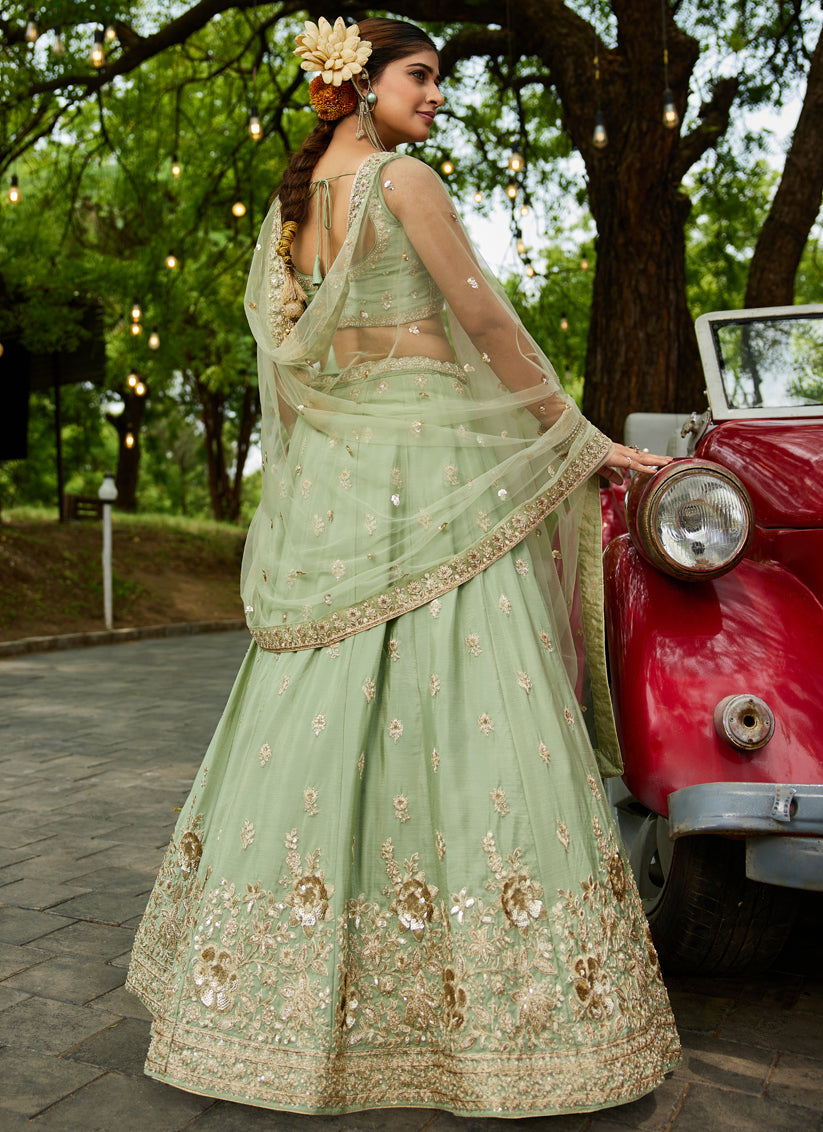 Pistachio Green Faux Chiffon Embroidered Designer Lehenga Choli