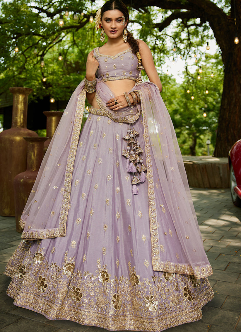Mauve Faux Chiffon Embroidered Designer Lehenga Choli