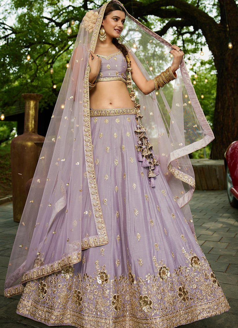 Mauve Faux Chiffon Embroidered Designer Lehenga Choli