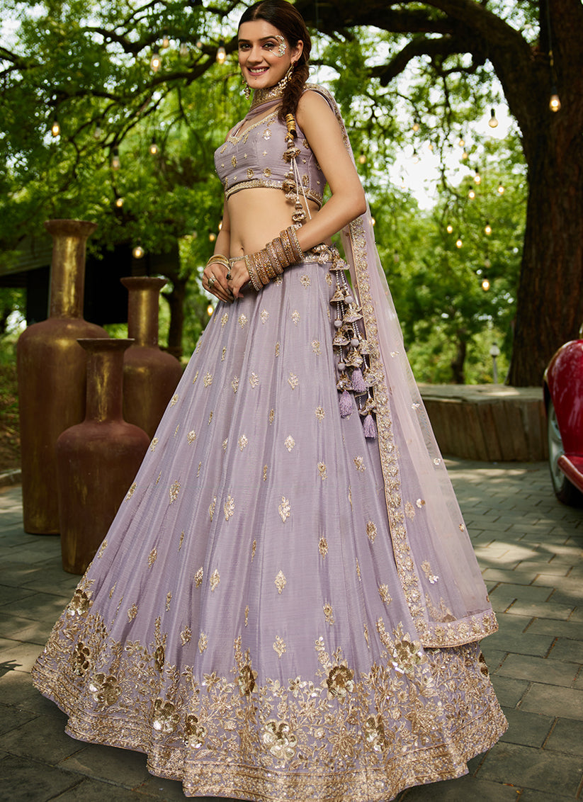 Mauve Faux Chiffon Embroidered Designer Lehenga Choli