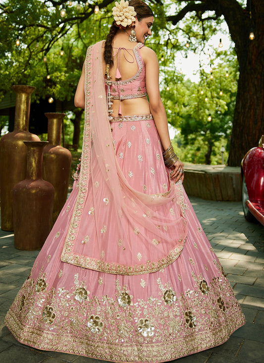 Rose Pink Faux Chiffon Embroidered Designer Lehenga Choli