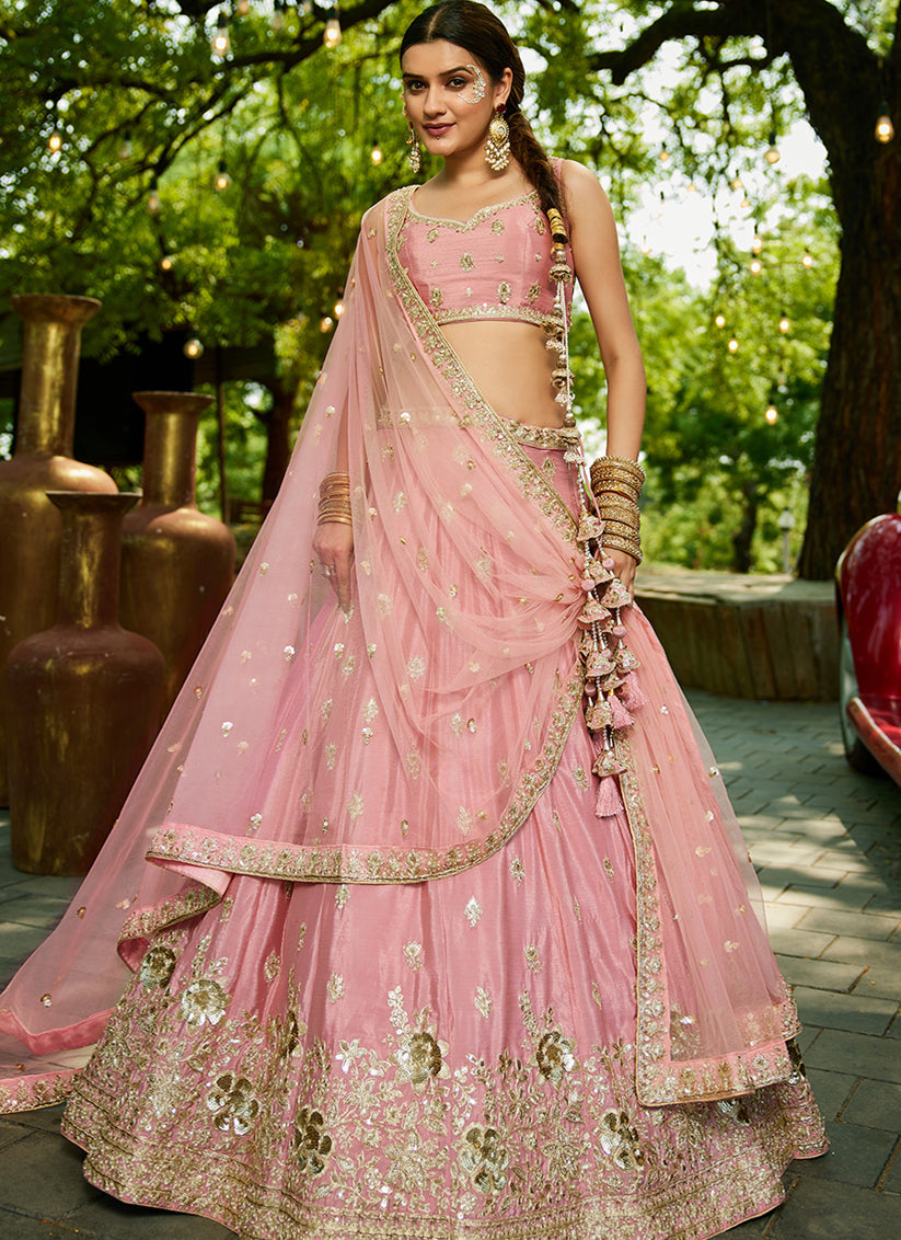 Rose Pink Faux Chiffon Embroidered Designer Lehenga Choli