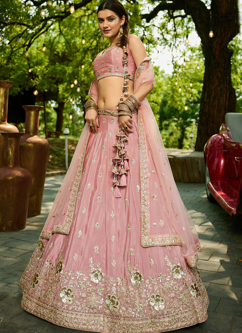 Rose Pink Faux Chiffon Embroidered Designer Lehenga Choli