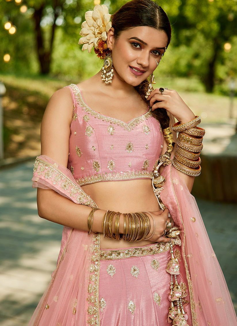 Rose Pink Faux Chiffon Embroidered Designer Lehenga Choli