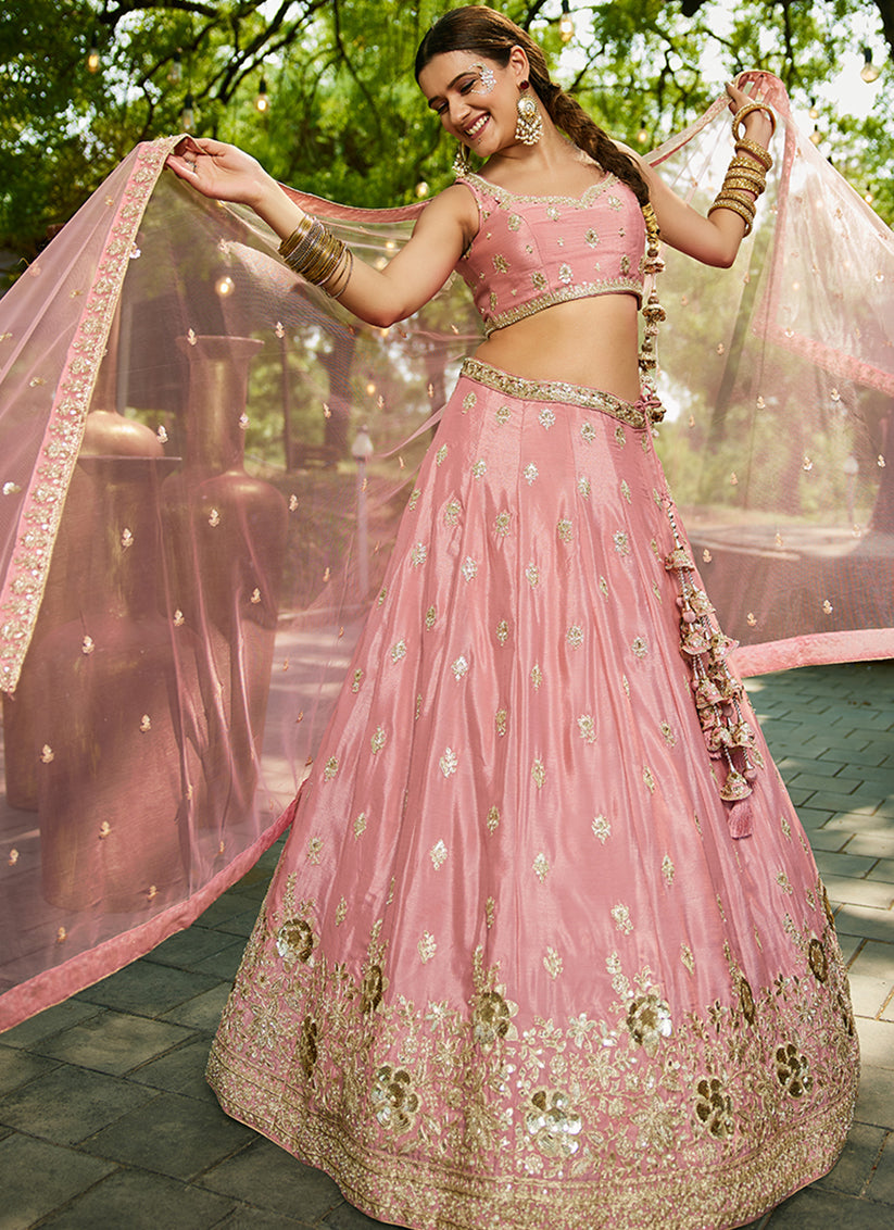 Rose Pink Faux Chiffon Embroidered Designer Lehenga Choli