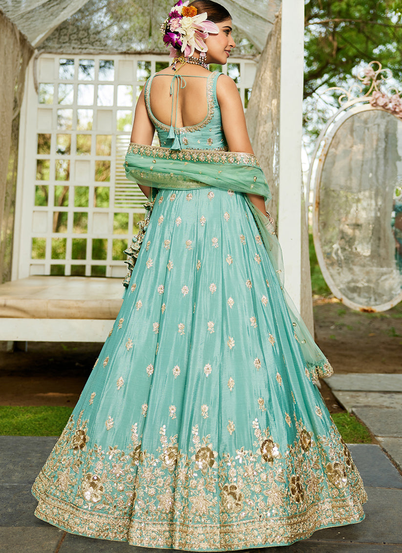 Aqua Blue Faux Chiffon Embroidered Designer Lehenga Choli
