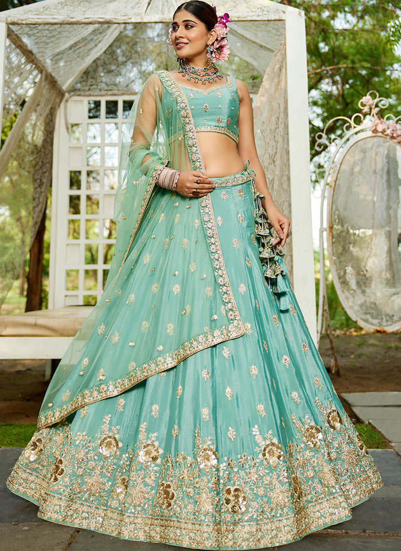Aqua Blue Faux Chiffon Embroidered Designer Lehenga Choli