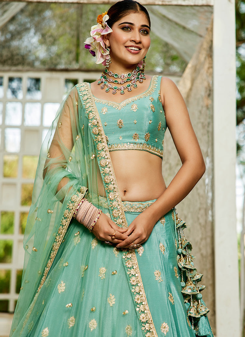 Aqua Blue Faux Chiffon Embroidered Designer Lehenga Choli