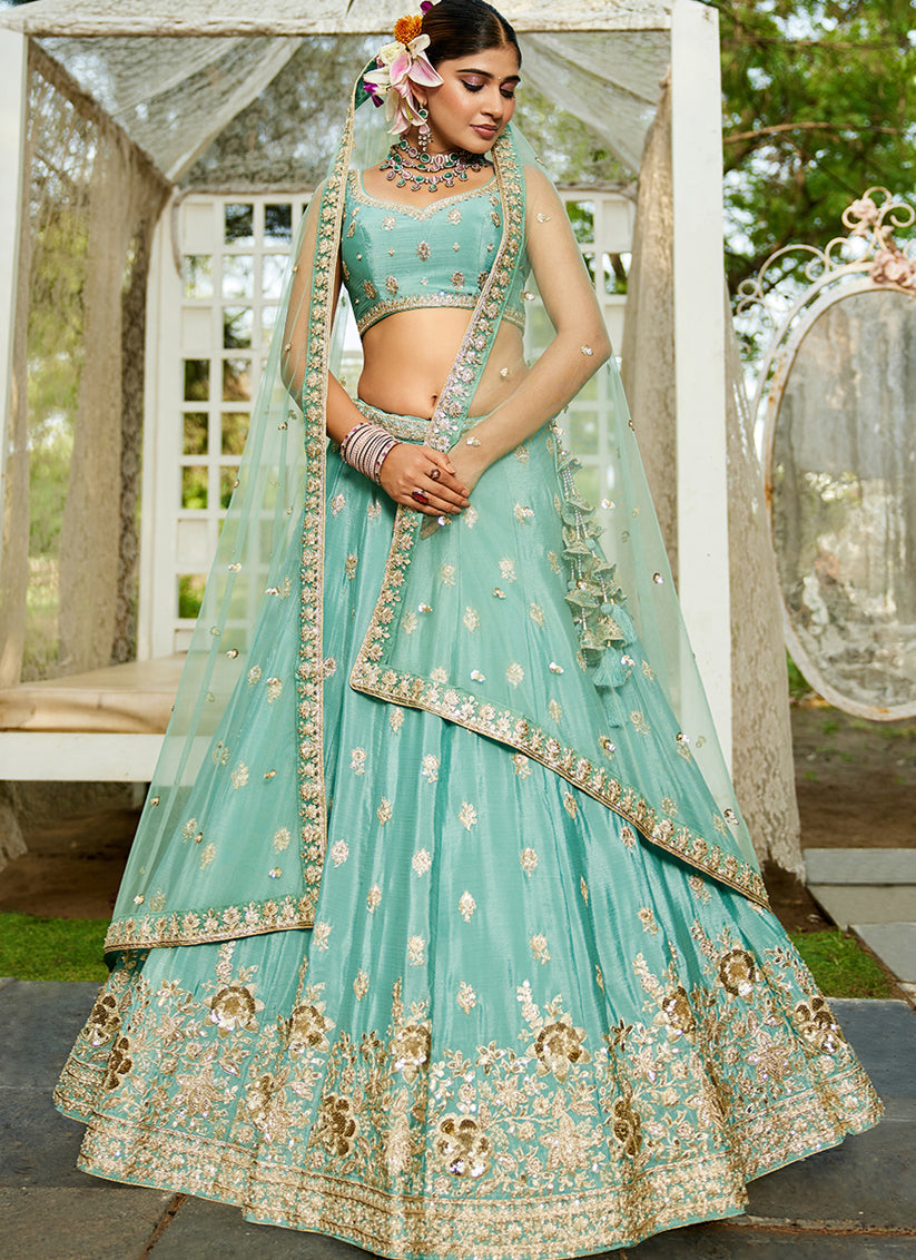 Aqua Blue Faux Chiffon Embroidered Designer Lehenga Choli