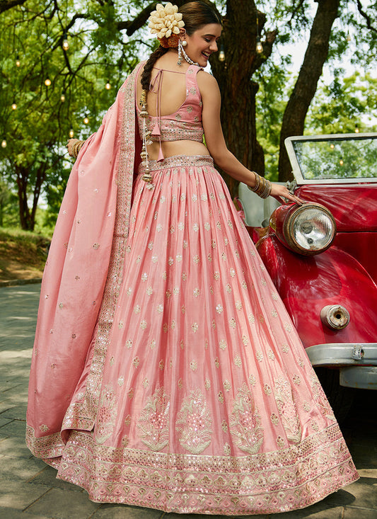 Rose Pink Faux Chiffon Embroidered Designer Lehenga Choli