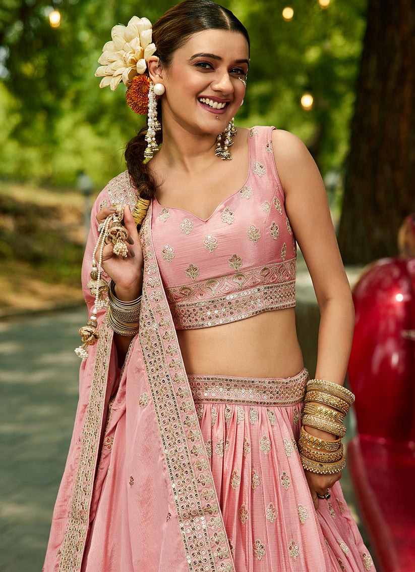 Rose Pink Faux Chiffon Embroidered Designer Lehenga Choli