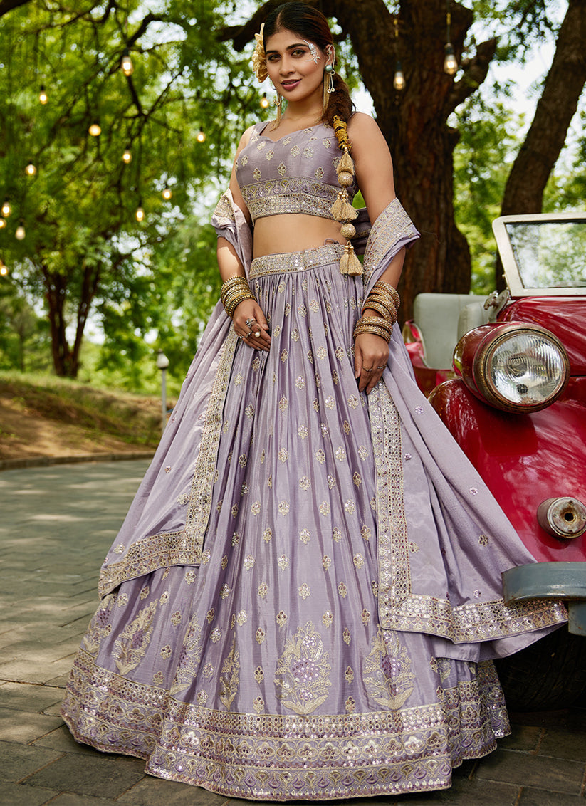 Mauve Faux Chiffon Embroidered Designer Lehenga Choli