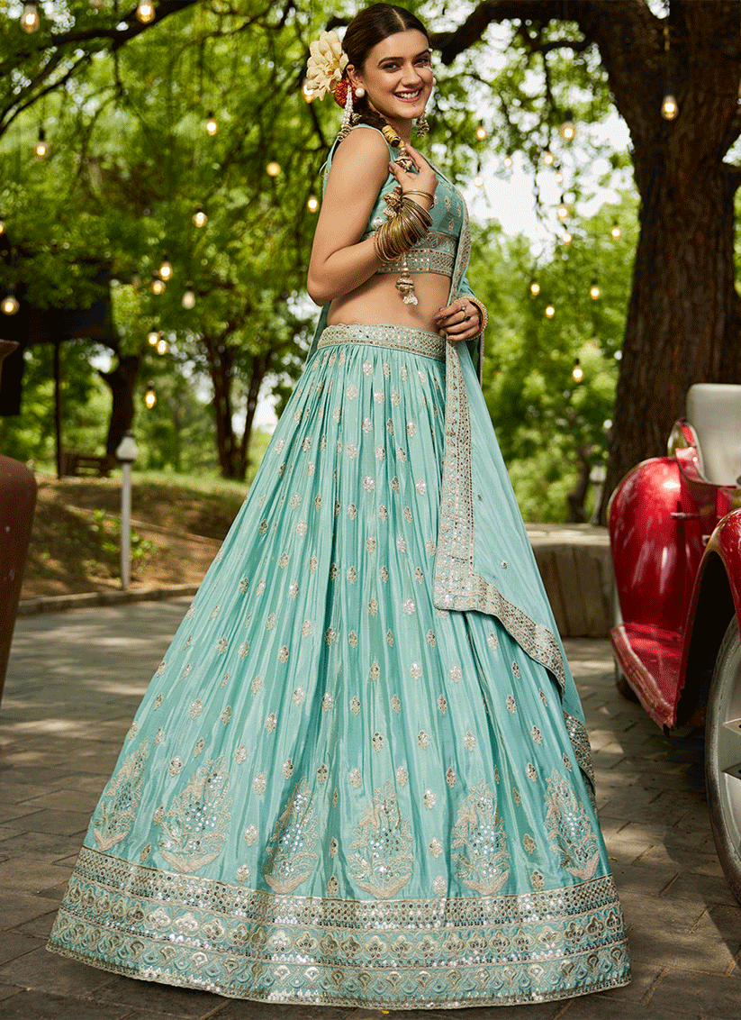 Aqua Blue Faux Chiffon Embroidered Designer Lehenga Choli