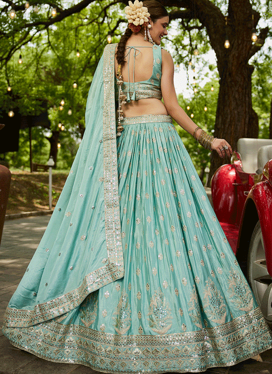 Aqua Blue Faux Chiffon Embroidered Designer Lehenga Choli