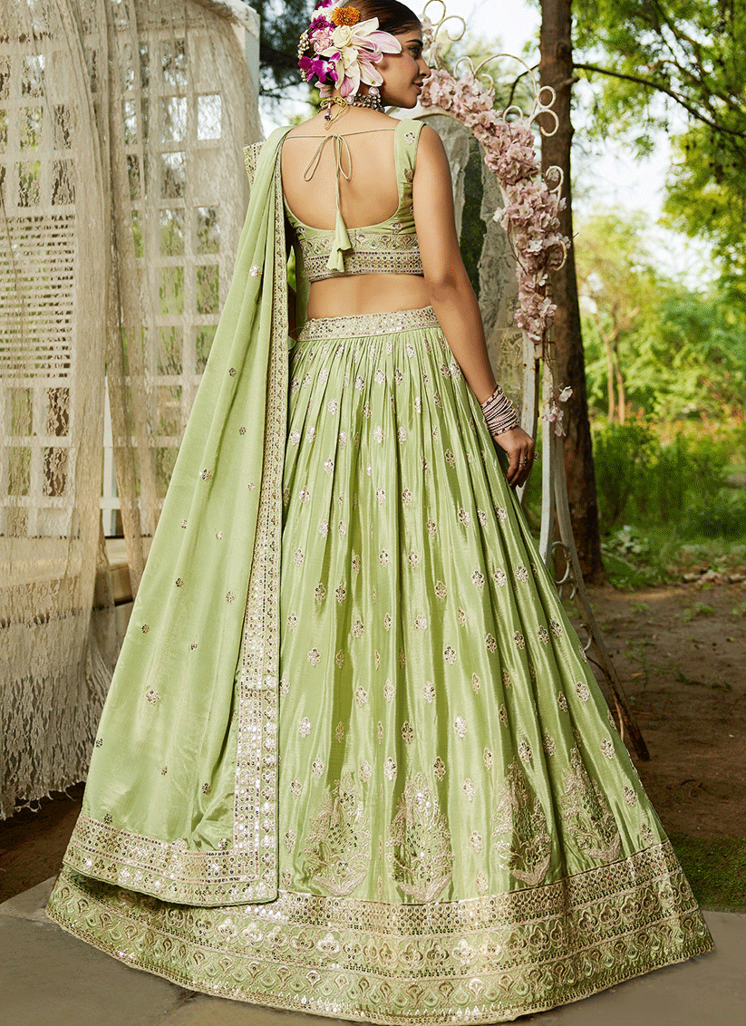 Pistachio Green Faux Chiffon Embroidered Designer Lehenga Choli