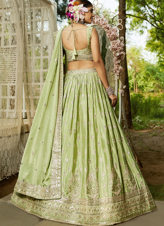 Pistachio Green Faux Chiffon Embroidered Designer Lehenga Choli