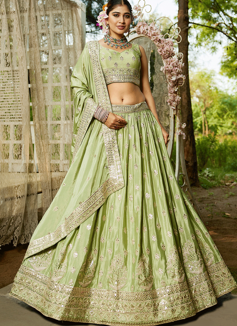 Pistachio Green Faux Chiffon Embroidered Designer Lehenga Choli