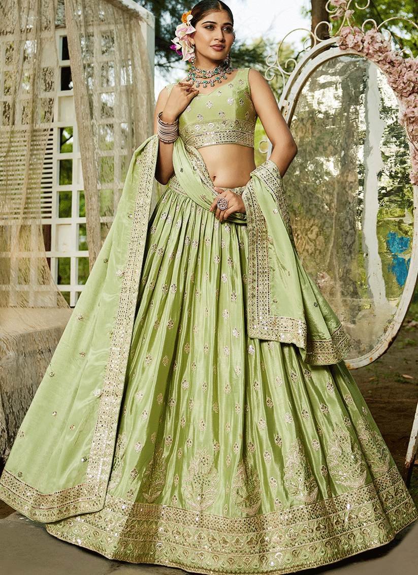 Pistachio Green Faux Chiffon Embroidered Designer Lehenga Choli