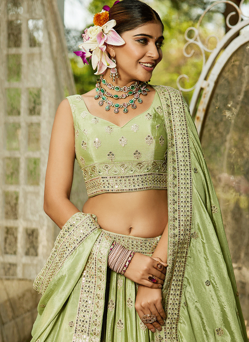 Pistachio Green Faux Chiffon Embroidered Designer Lehenga Choli