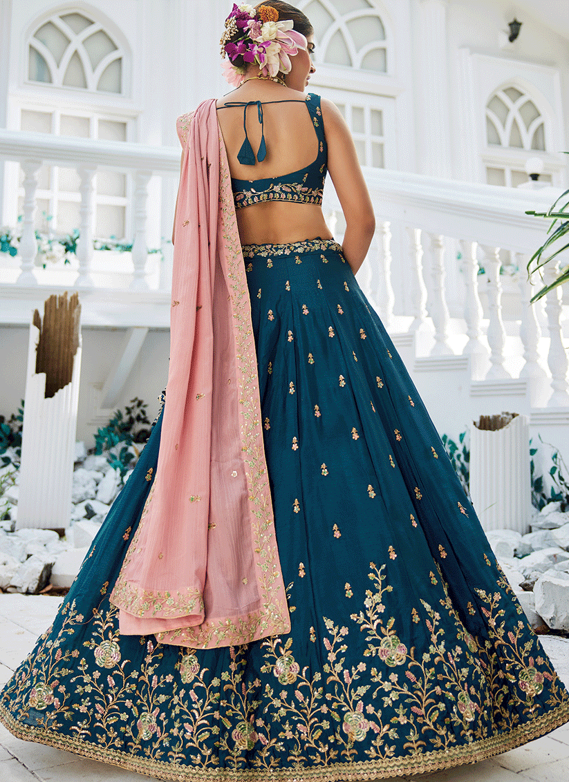 Peacock Blue Chiffon Embroidered Wedding Lehenga Choli