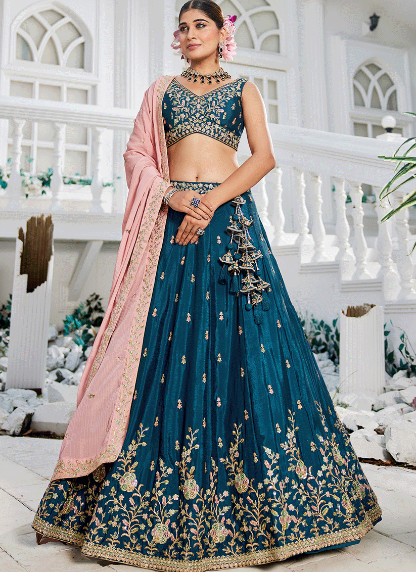 Peacock Blue Chiffon Embroidered Wedding Lehenga Choli