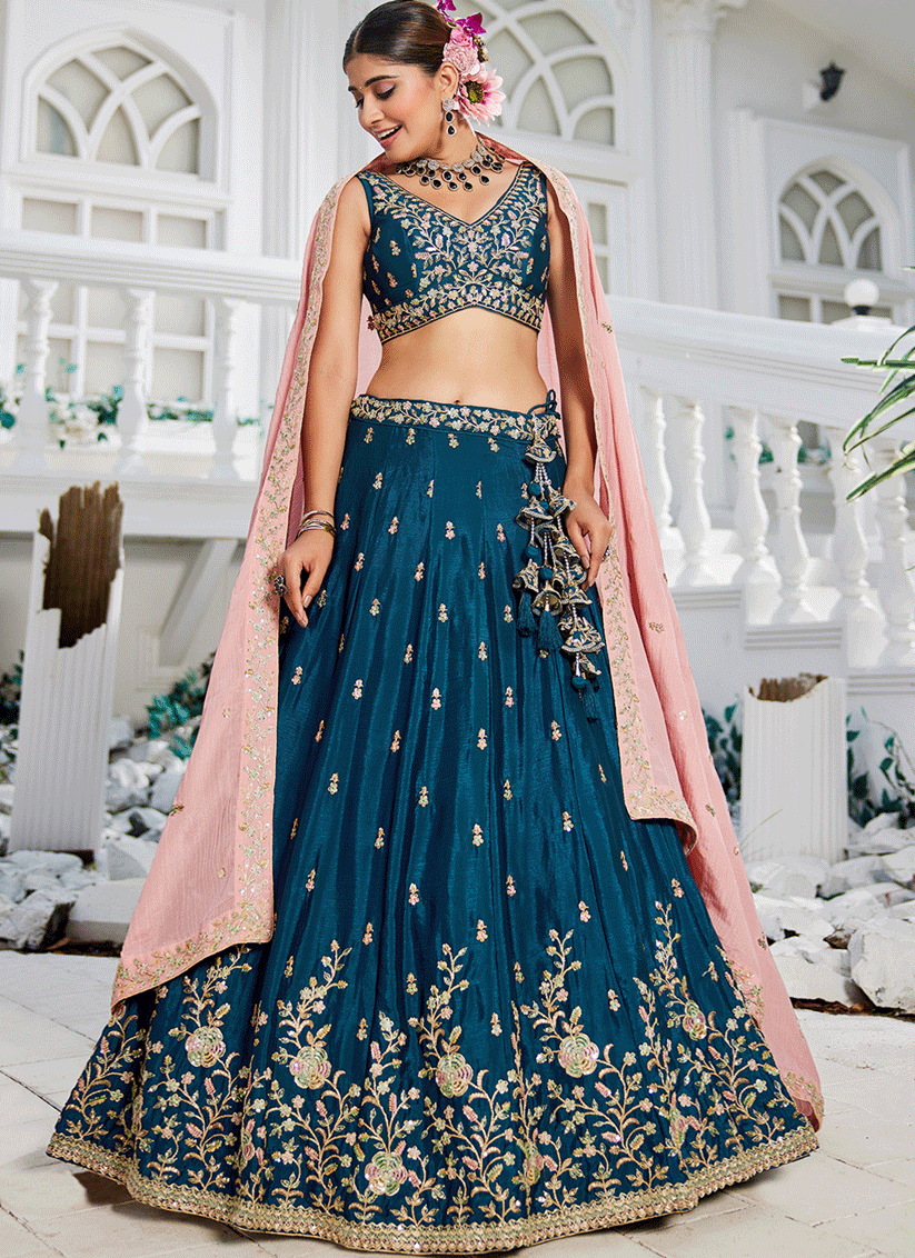 Peacock Blue Chiffon Embroidered Wedding Lehenga Choli
