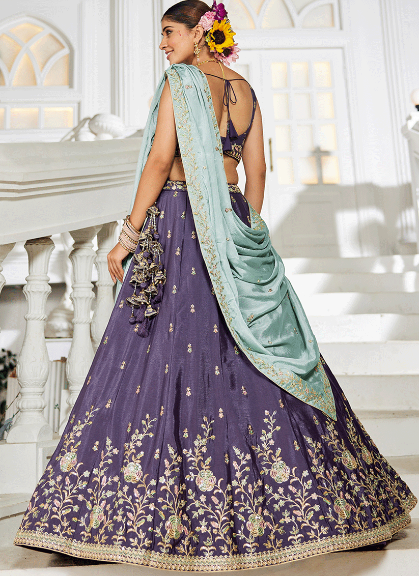 Eggplant Chiffon Embroidered Wedding Lehenga Choli