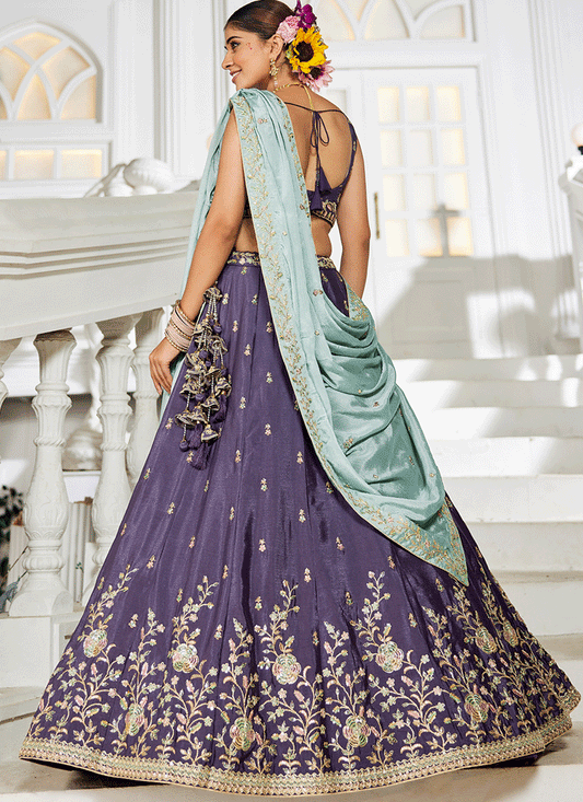 Eggplant Chiffon Embroidered Wedding Lehenga Choli