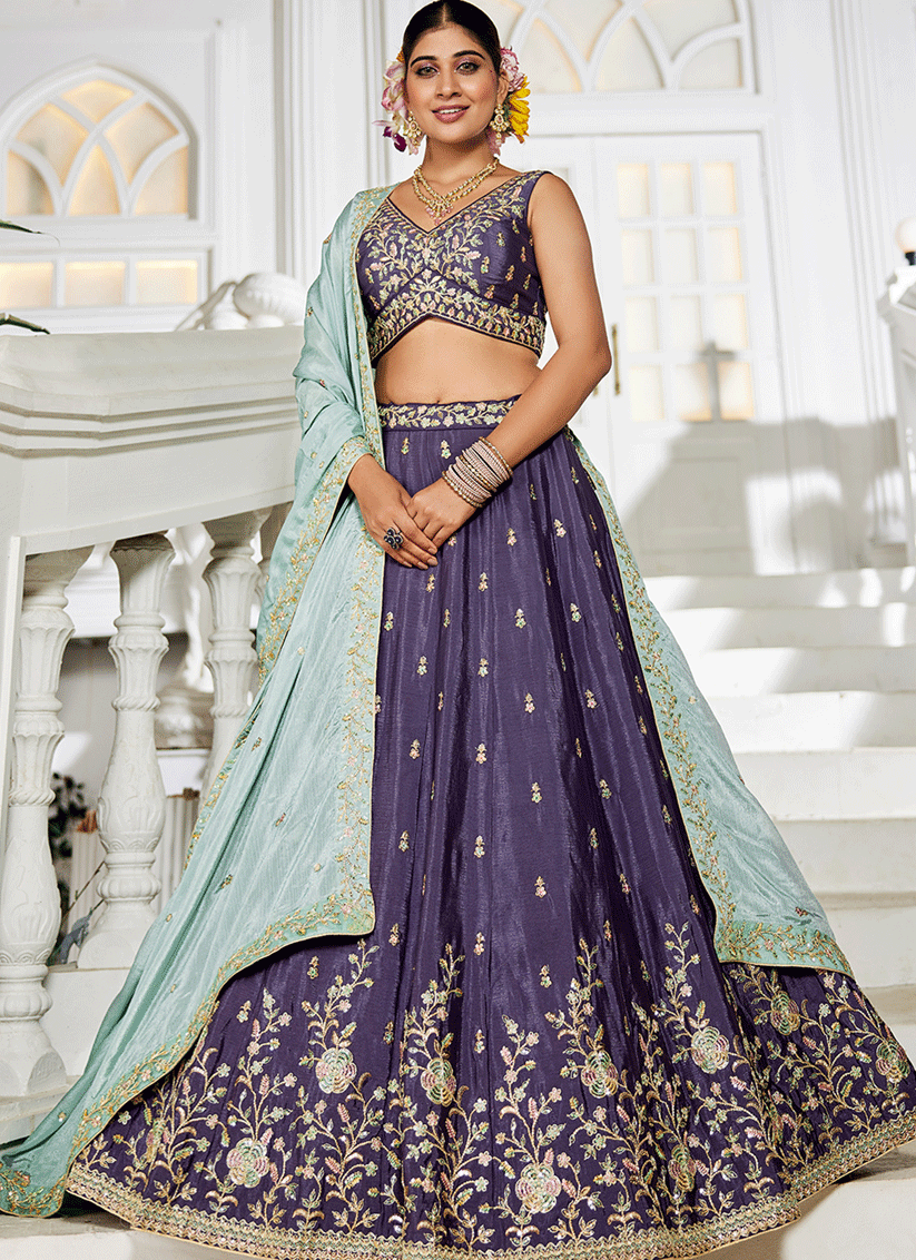 Eggplant Chiffon Embroidered Wedding Lehenga Choli