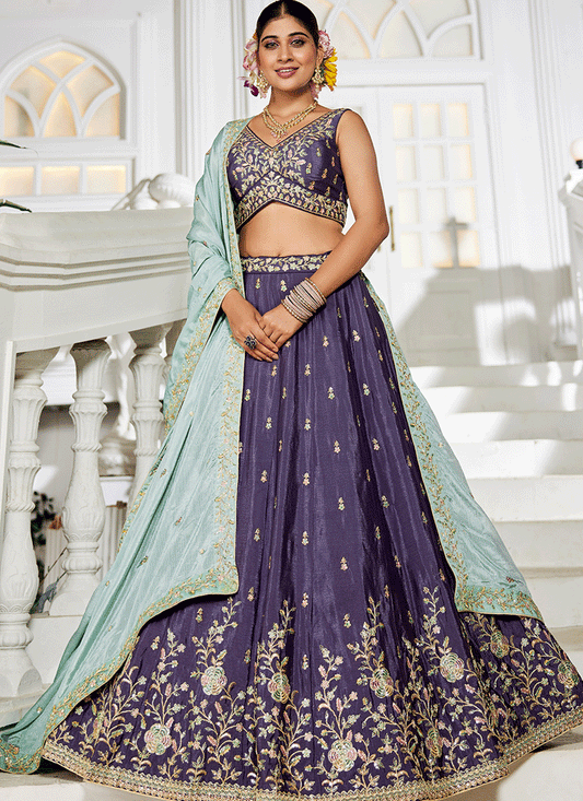 Eggplant Chiffon Embroidered Wedding Lehenga Choli