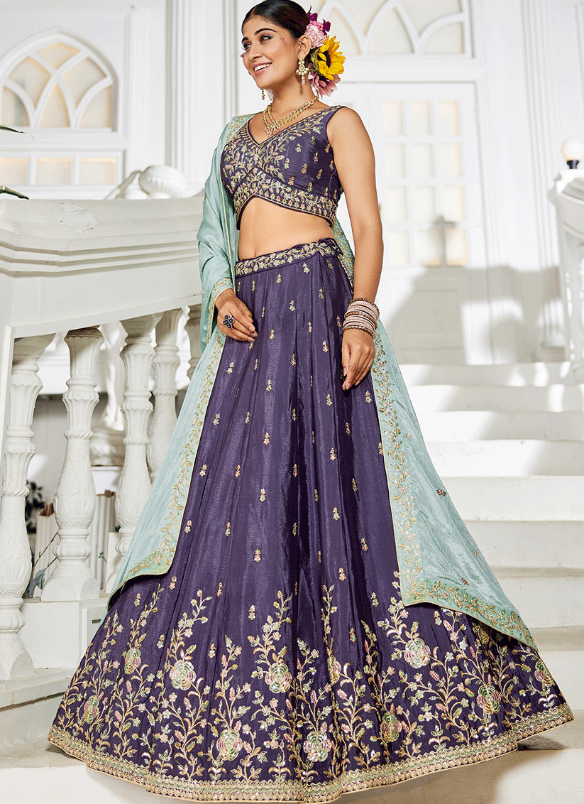 Eggplant Chiffon Embroidered Wedding Lehenga Choli