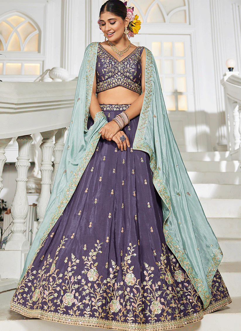 Eggplant Chiffon Embroidered Wedding Lehenga Choli