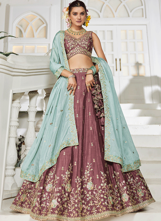 Rose Taupe Chiffon Embroidered Wedding Lehenga Choli