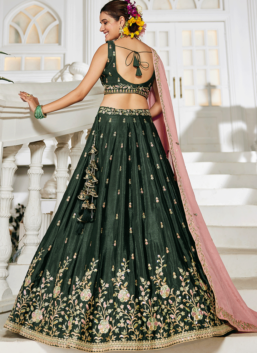 Moss Green Chiffon Embroidered Wedding Lehenga Choli