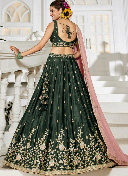 Moss Green Chiffon Embroidered Wedding Lehenga Choli