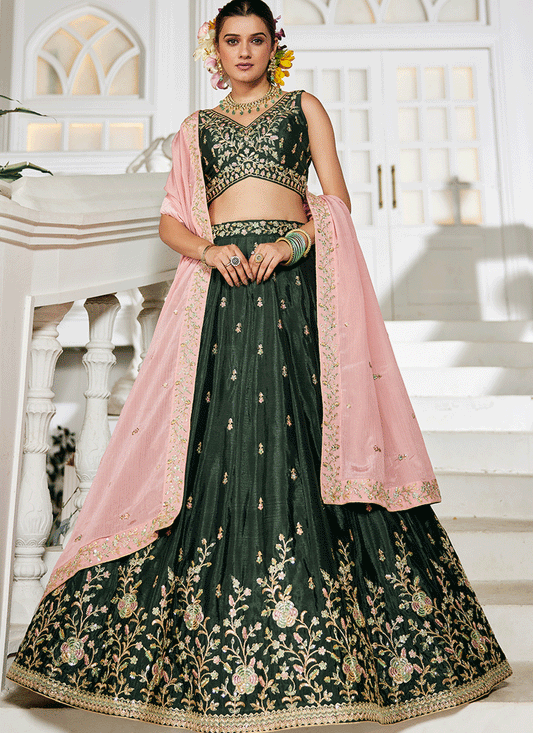 Moss Green Chiffon Embroidered Wedding Lehenga Choli