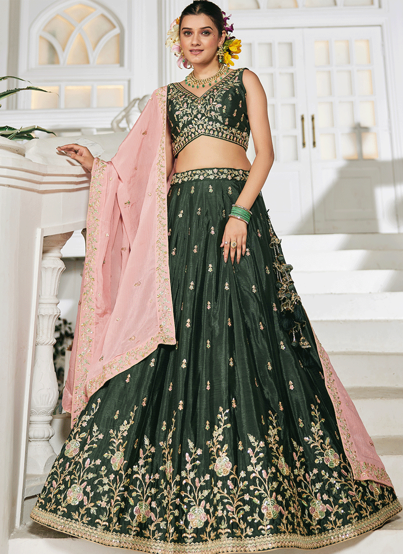 Moss Green Chiffon Embroidered Wedding Lehenga Choli