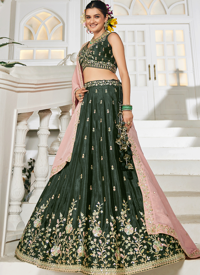 Moss Green Chiffon Embroidered Wedding Lehenga Choli